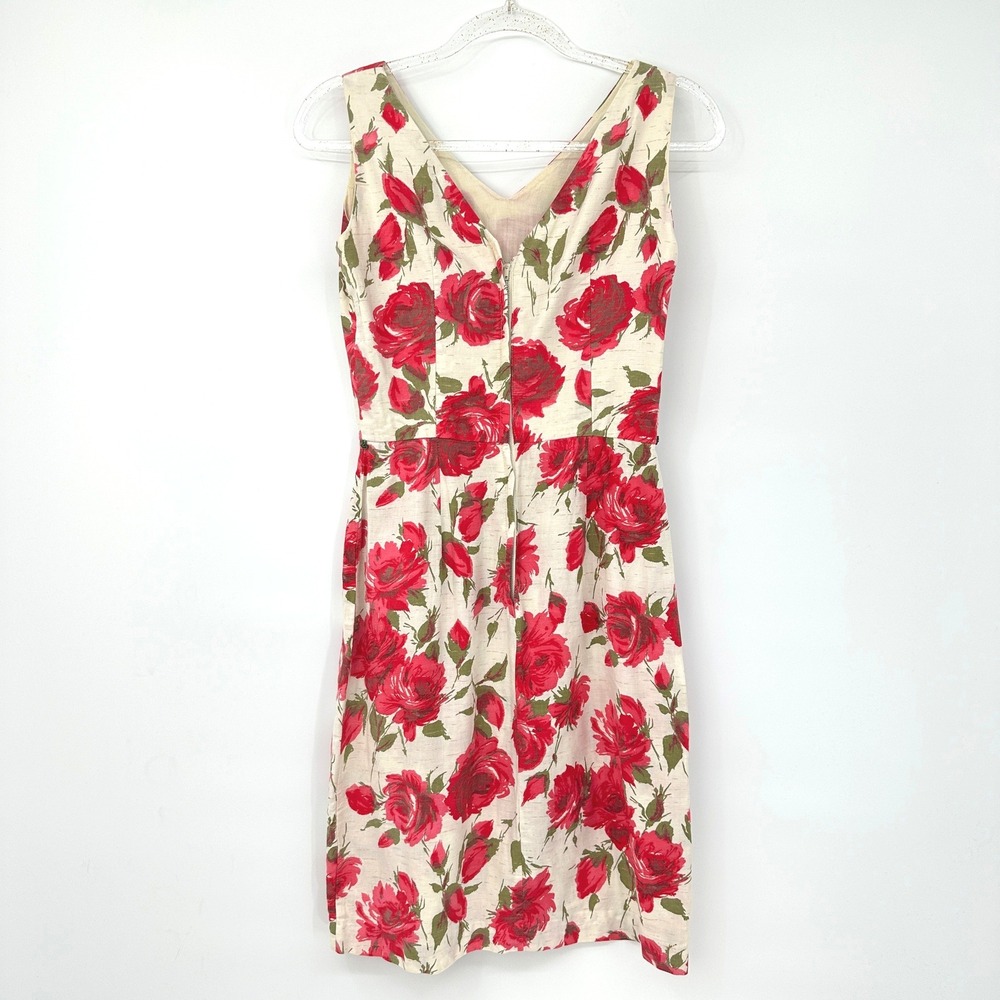 Vintage 50s 60s Floral Barkcloth Wiggle Sheath Dress S Pink Roses Mod Pin Up - Picture 2 of 10